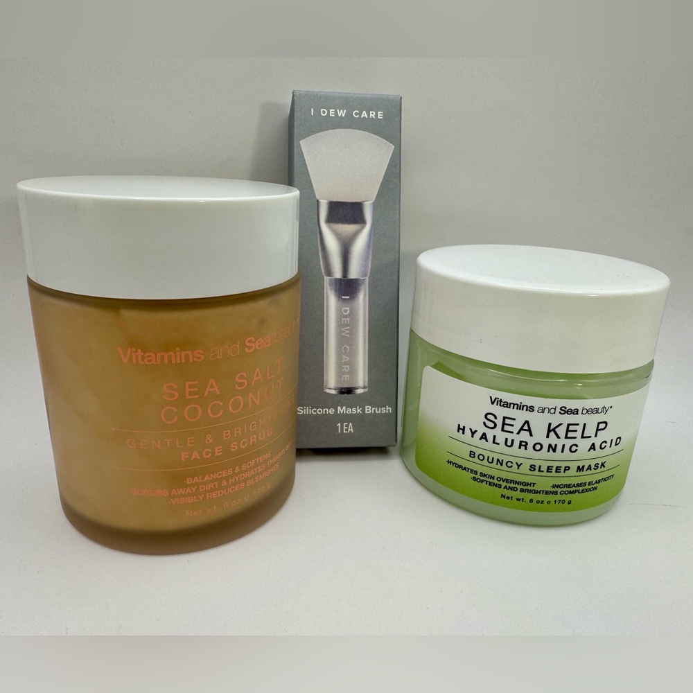 Vitamins and Sea Beauty Bundle: Sea Salt Face Scrub, Sea Kelp Sleep Mask & Brush